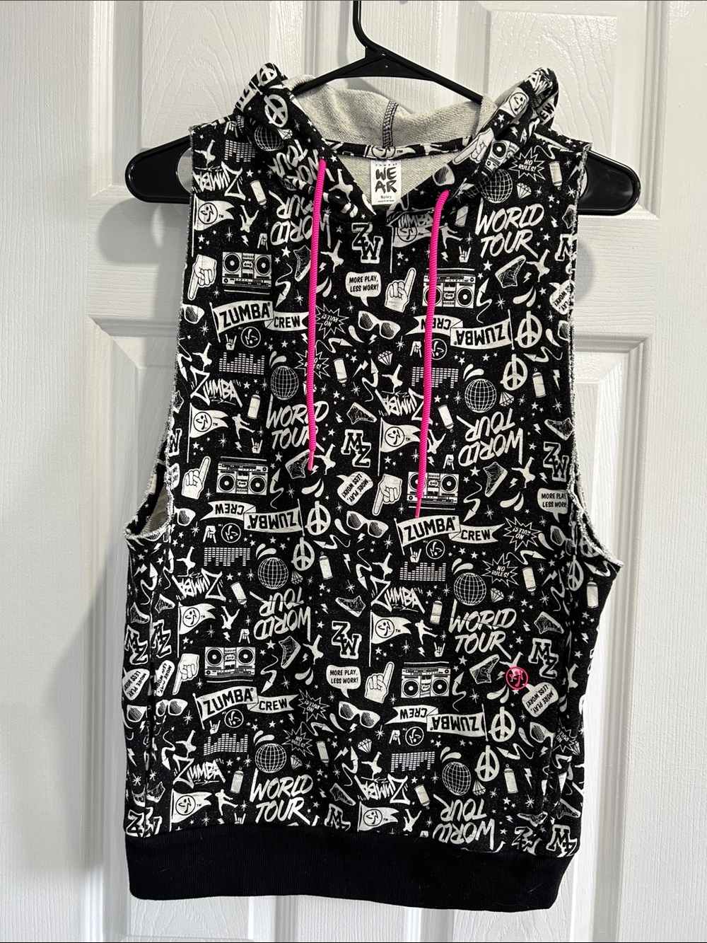 Zumba Fitness Black & White Graphic Sleeveless Hoodie with Hot Pink Drawstrings